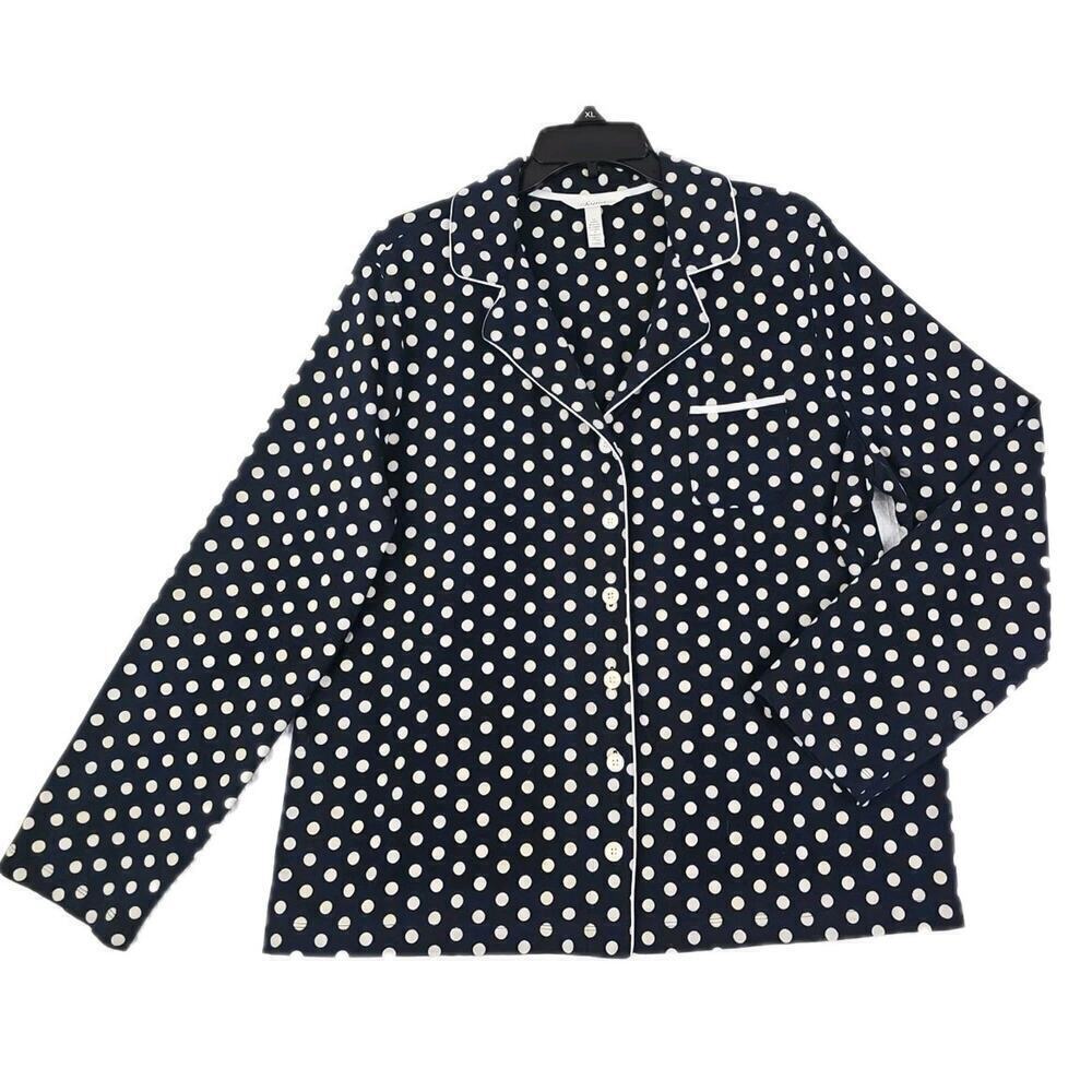 Soma ~Woman XL~Navy/Beige Polka Dot Cotton Blend Butto-Up Shirt Long Sleeve Top